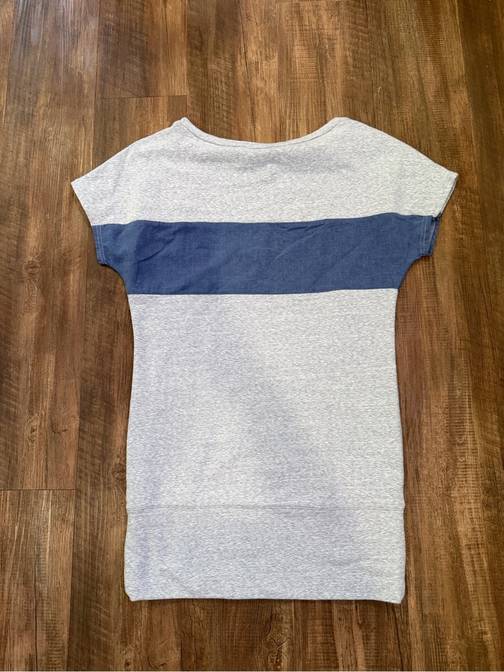 Athleta Light Gray Tee with Navy Chest Stripe